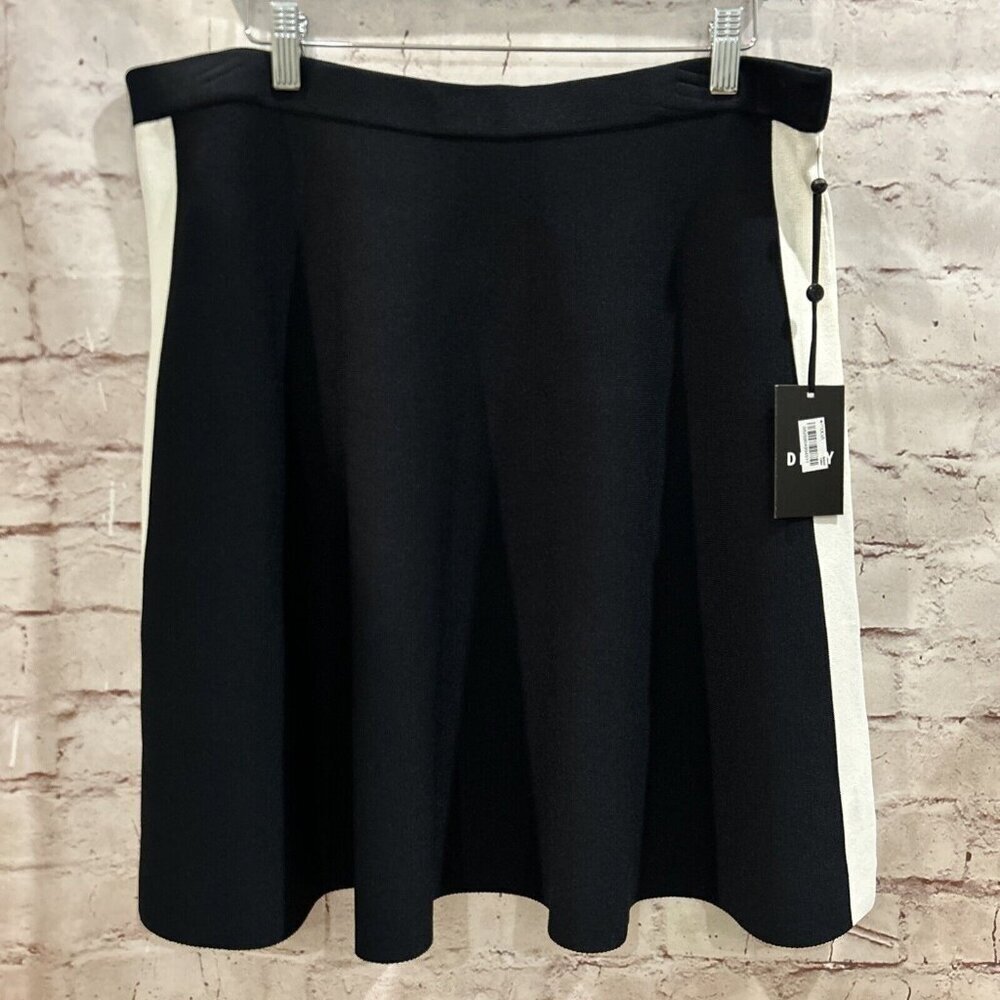 DKNY Womens Colorblocked A-line Skirt Black Knit White Side Stripe Size L NEW - Picture 2 of 4